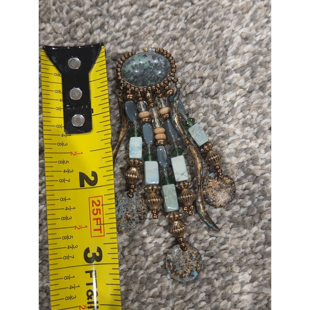 Artisan Beaded Clip On Earrings Turquoise Verdigris Dangle Statement 3.25 in - Picture 5 of 5